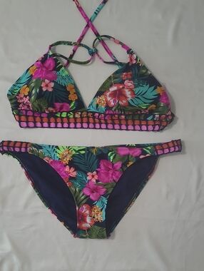 XL Xhilaration Tropical Floral  Or Hawainian Bikini Set - Pink & Green
